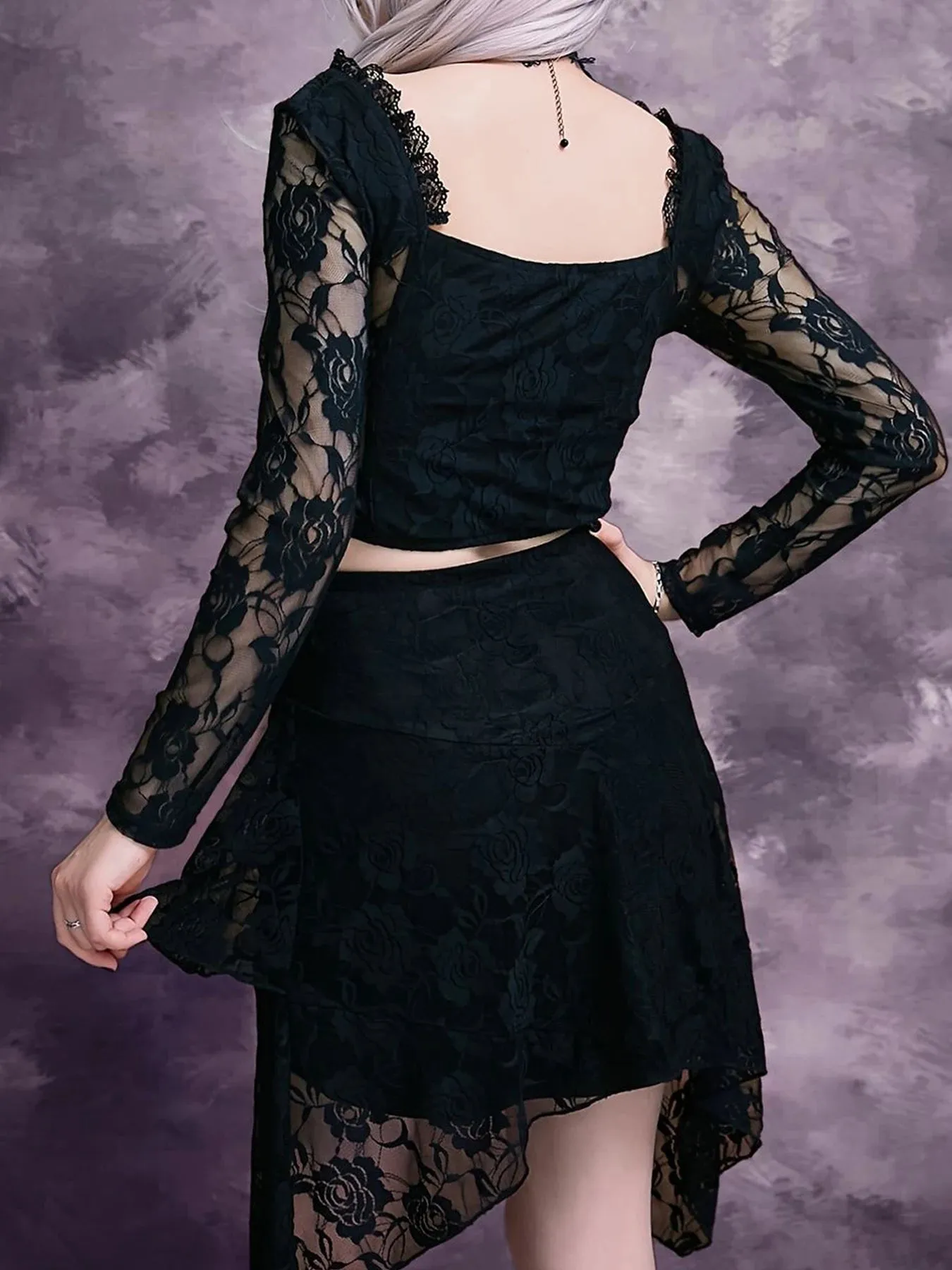 Gothic Dark Mesh Patchwork Lace Trim V-Neck Crop Top