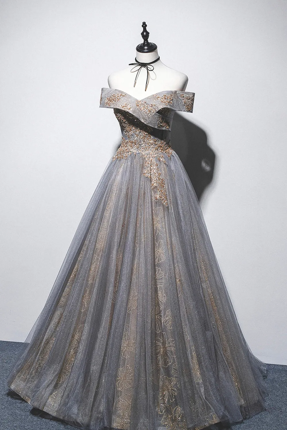 Gray Tulle Sequins Long Prom Dress, Off Shoulder Evening Dress