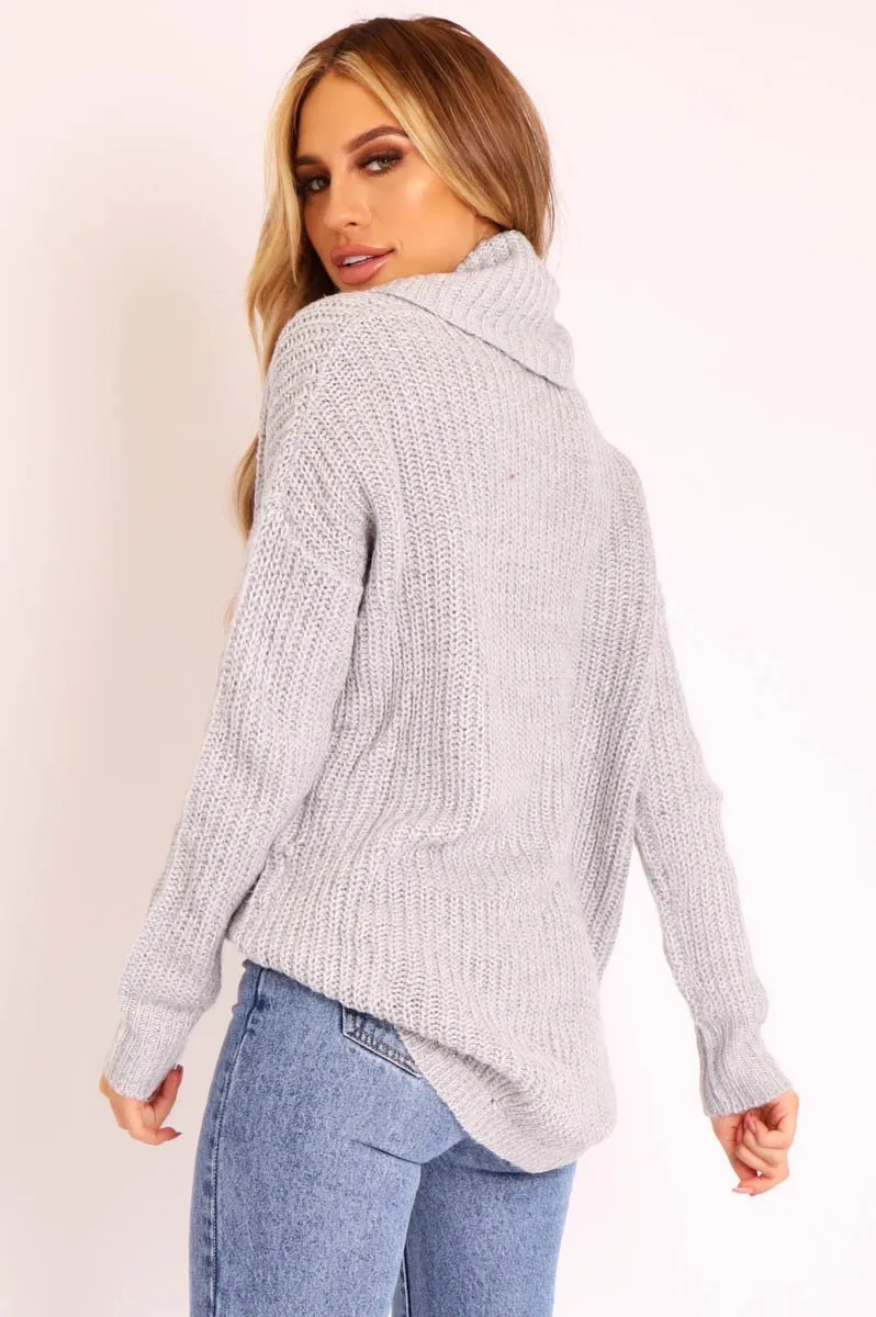 Grey Cowl Neck Longline Knitted Jumper - Cayden