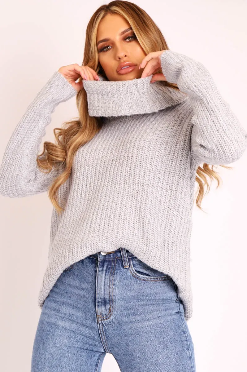 Grey Cowl Neck Longline Knitted Jumper - Cayden