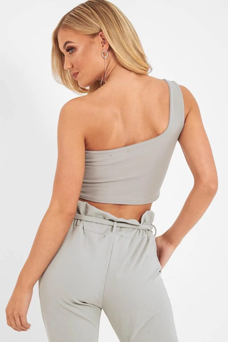 Grey One Shouldered Crop Top - Kamri