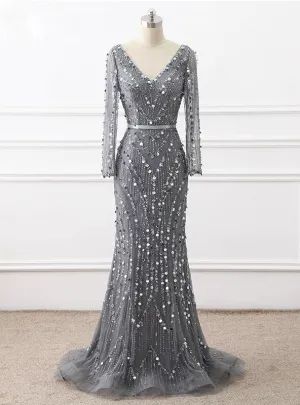 Heavy Beading Handmade Mermaid Long Sleeve Sexy V-neck evening party gown