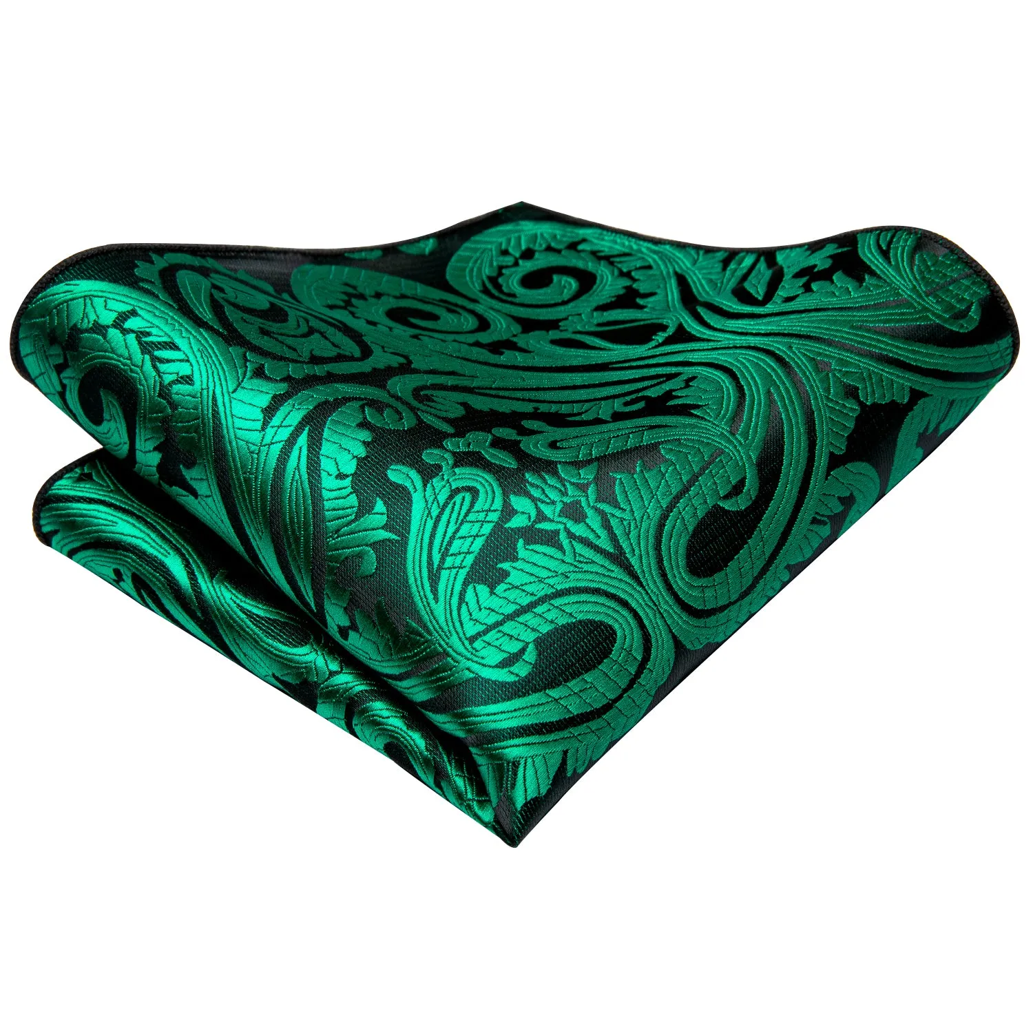 Hi-Tie Dark Green Men's Black Paisley Tie Pocket Square Cufflinks Set