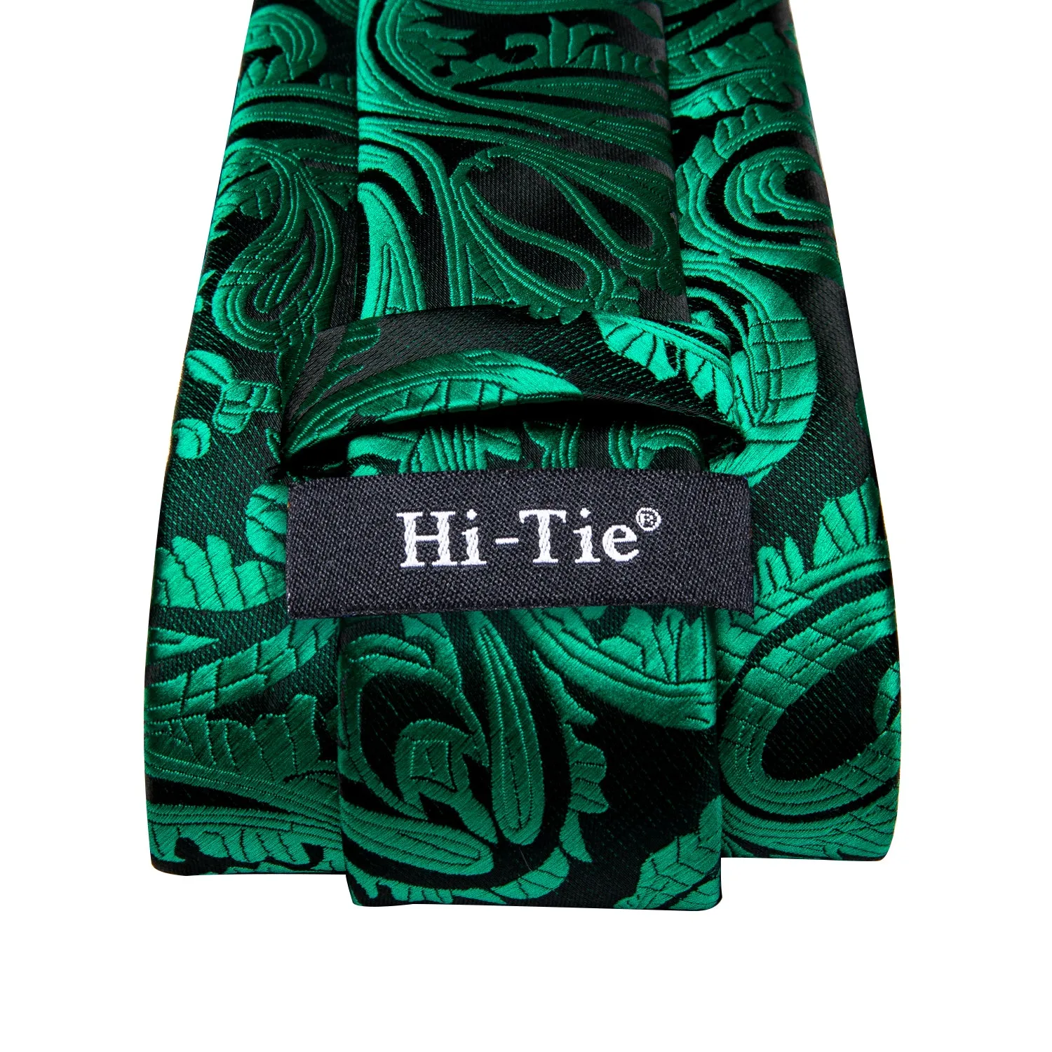 Hi-Tie Dark Green Men's Black Paisley Tie Pocket Square Cufflinks Set