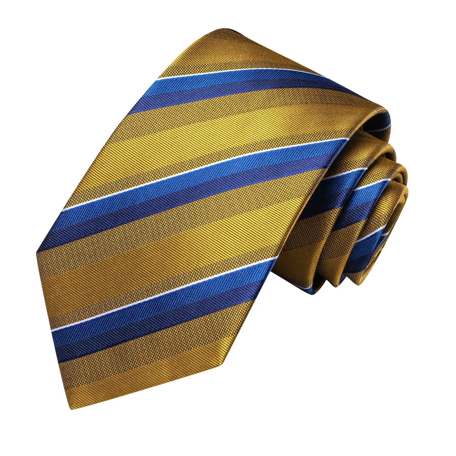 Hi-Tie Golden Necktie Blue Stripe Silk Tie Pocket Square Cufflinks Set