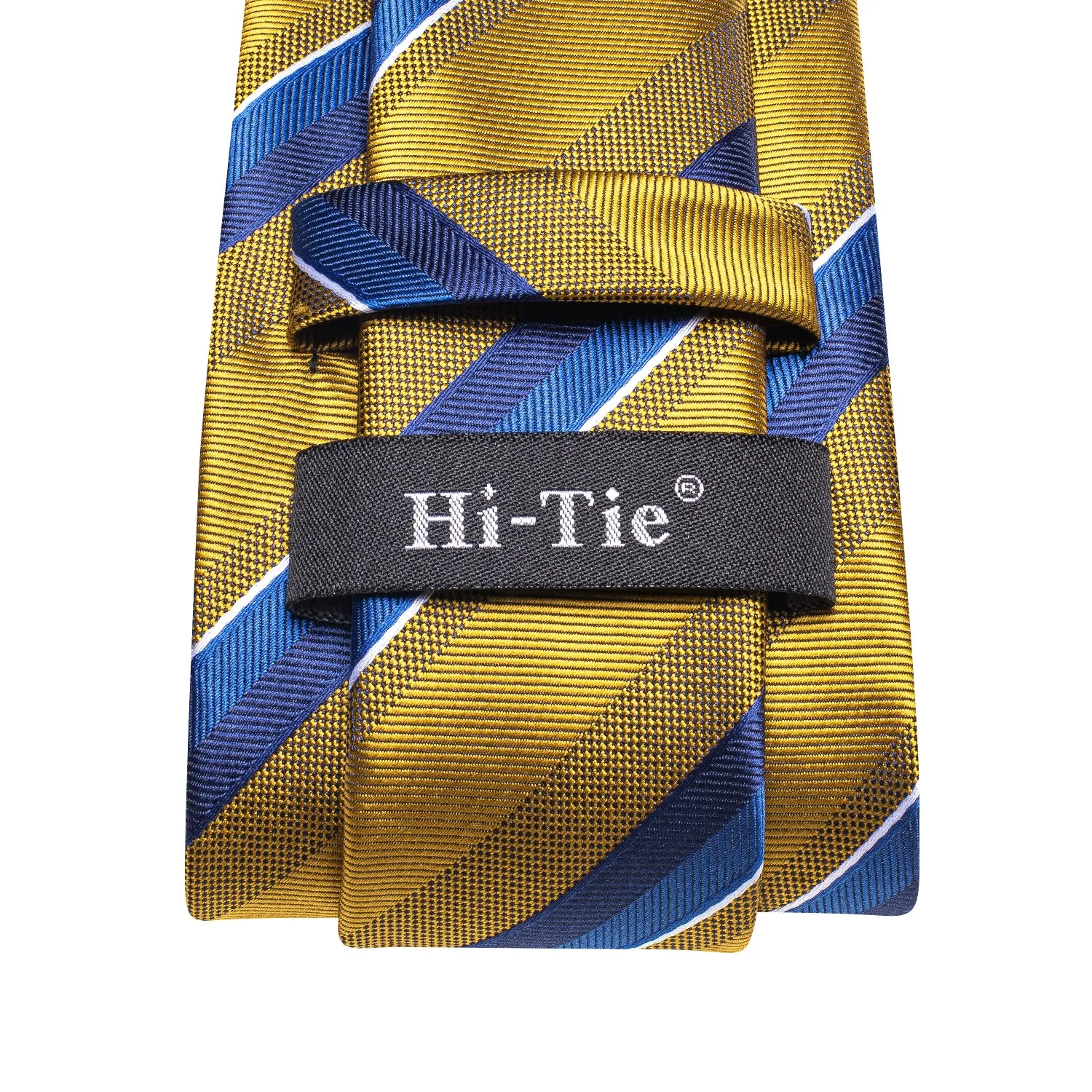 Hi-Tie Golden Necktie Blue Stripe Silk Tie Pocket Square Cufflinks Set