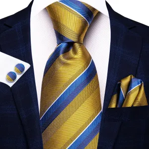 Hi-Tie Golden Necktie Blue Stripe Silk Tie Pocket Square Cufflinks Set