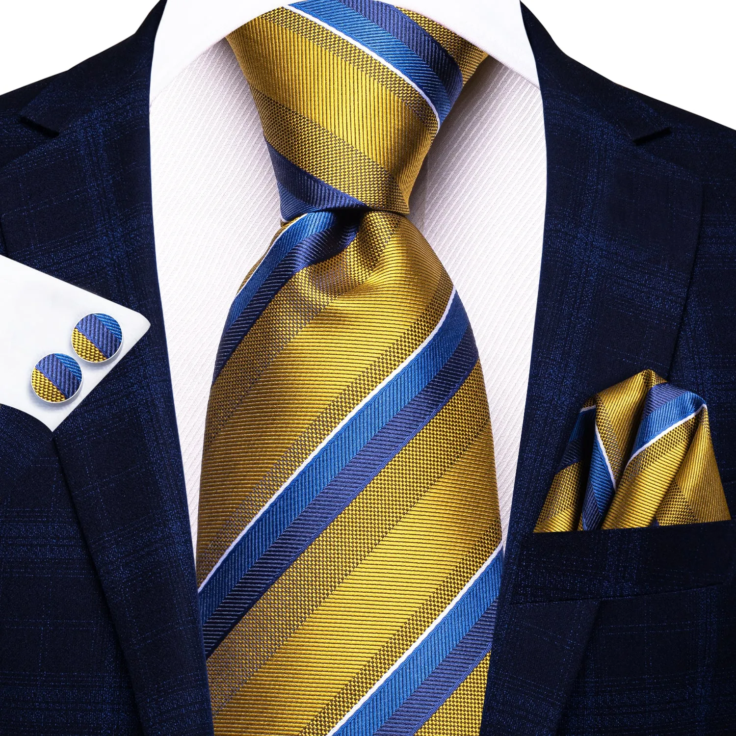 Hi-Tie Golden Necktie Blue Stripe Silk Tie Pocket Square Cufflinks Set