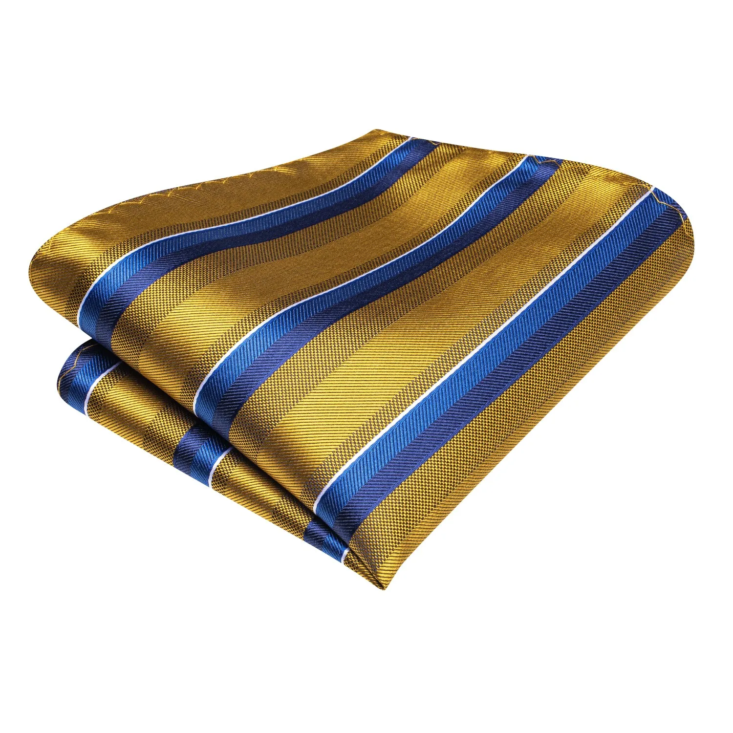 Hi-Tie Golden Necktie Blue Stripe Silk Tie Pocket Square Cufflinks Set