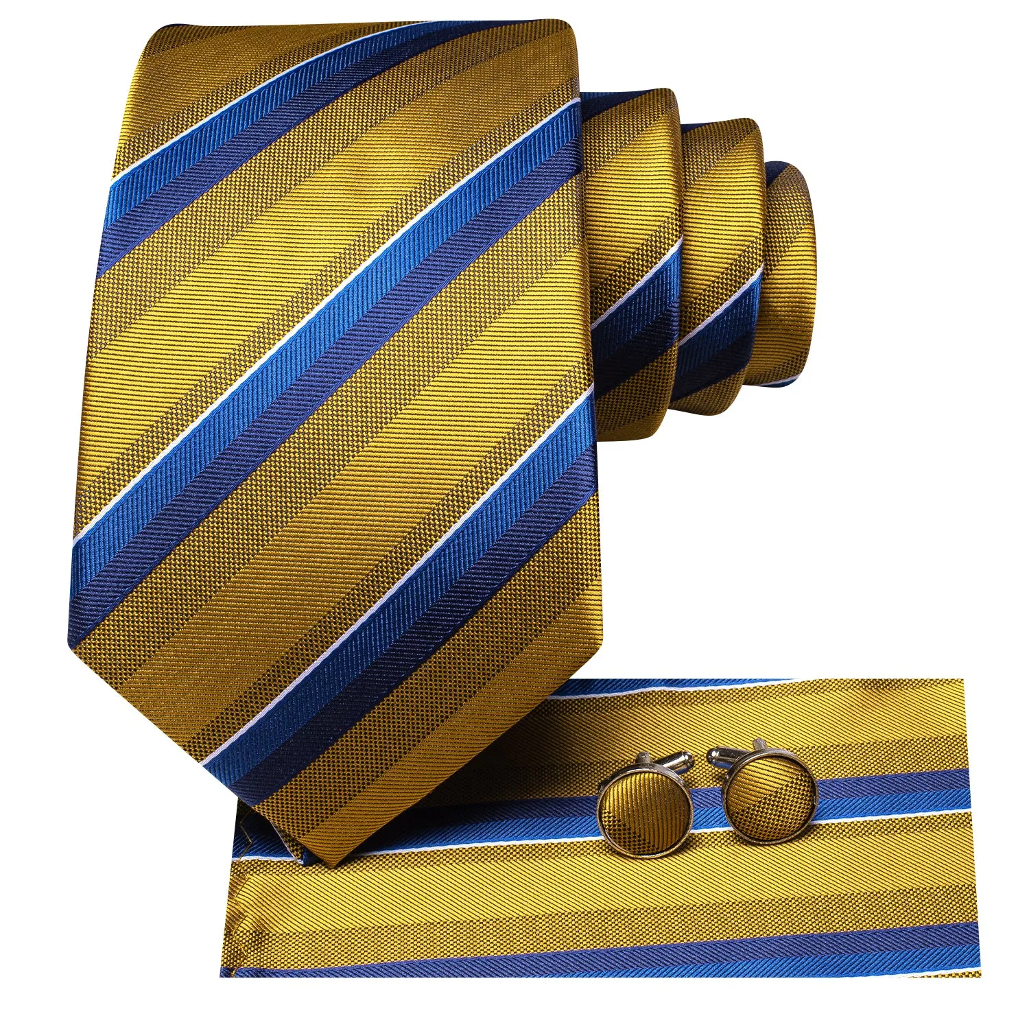 Hi-Tie Golden Necktie Blue Stripe Silk Tie Pocket Square Cufflinks Set