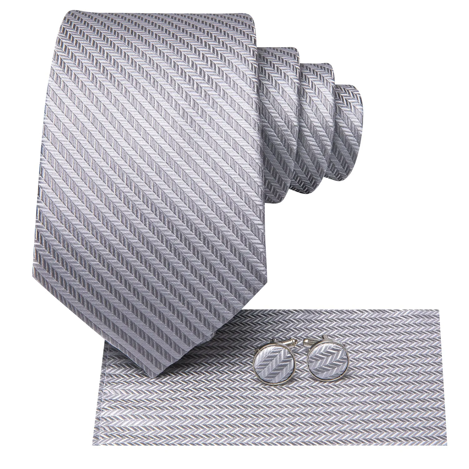 Hi-Tie Light Grey Necktie Striped Silk Tie Pocket Square Cufflinks Set