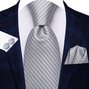 Hi-Tie Light Grey Necktie Striped Silk Tie Pocket Square Cufflinks Set