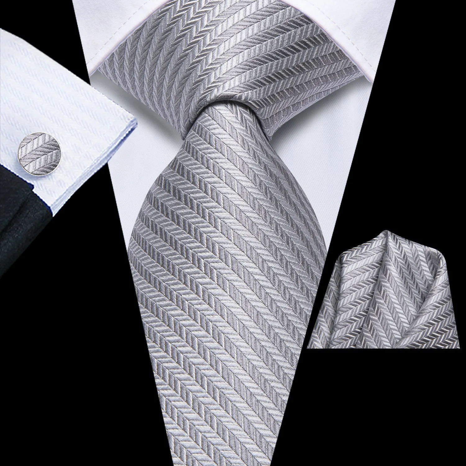 Hi-Tie Light Grey Necktie Striped Silk Tie Pocket Square Cufflinks Set