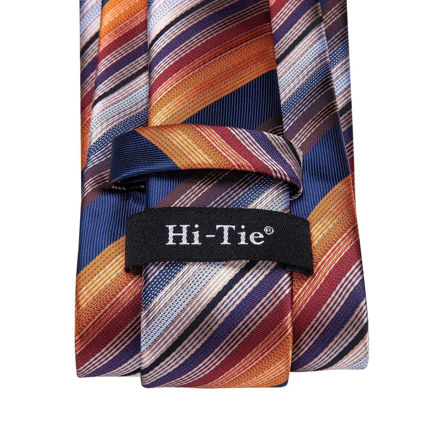 Hi-Tie Orange Necktie Blue Striped Men Tie Pocket Square Cufflinks Set