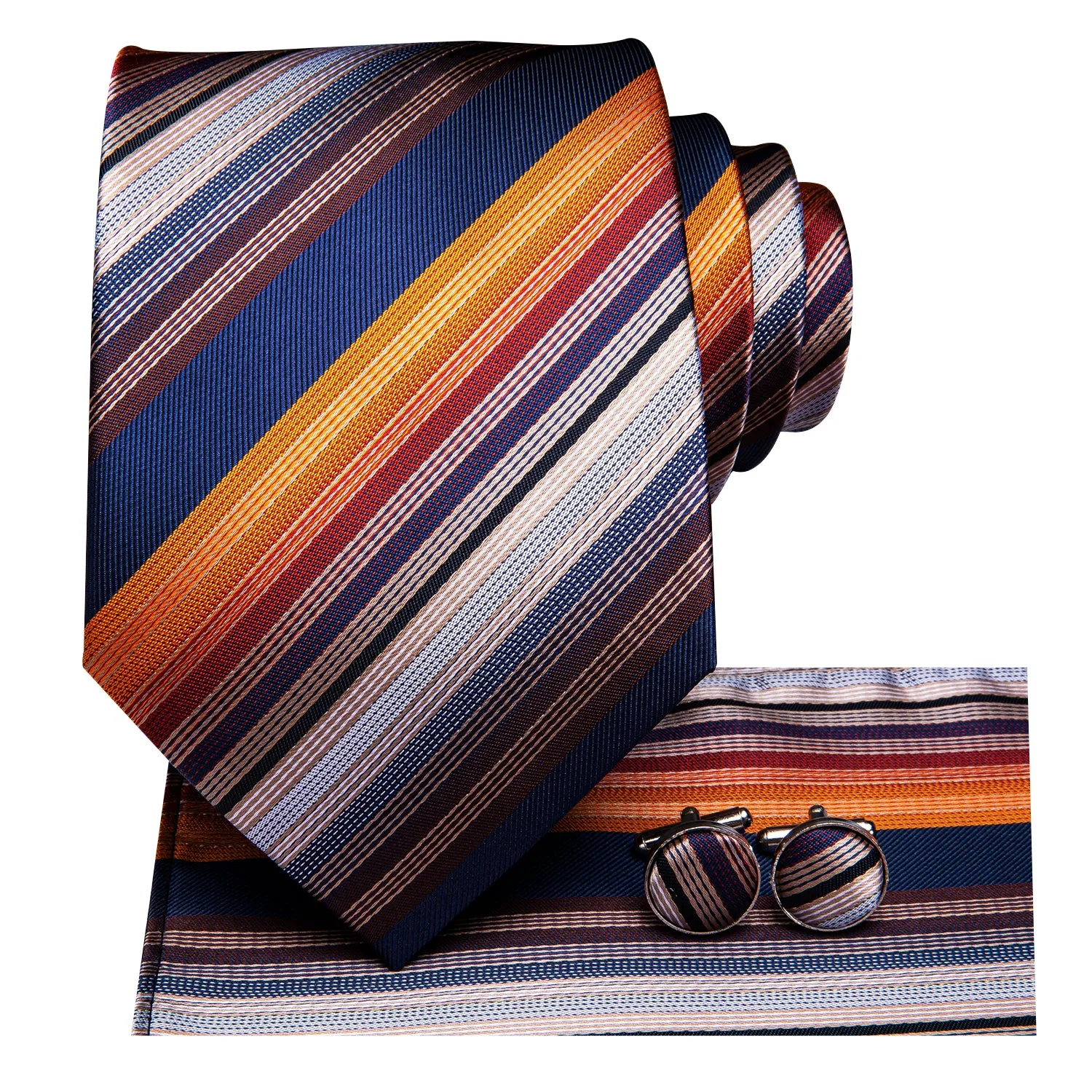 Hi-Tie Orange Necktie Blue Striped Men Tie Pocket Square Cufflinks Set