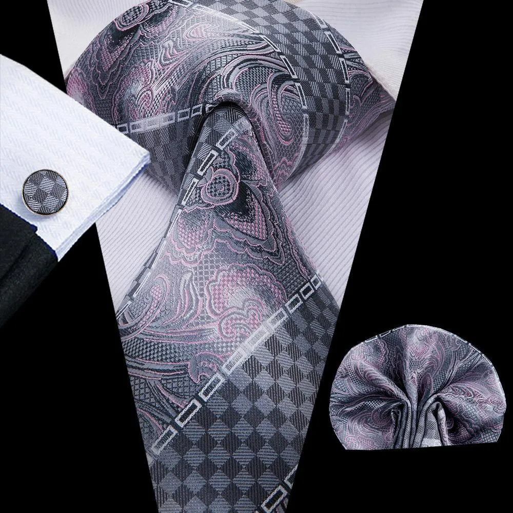 Hi-Tie Silver Tie Grey Pink Novelty Silk Men's Tie Hanky Cufflinks Set