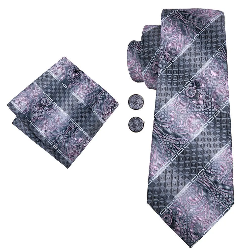 Hi-Tie Silver Tie Grey Pink Novelty Silk Men's Tie Hanky Cufflinks Set