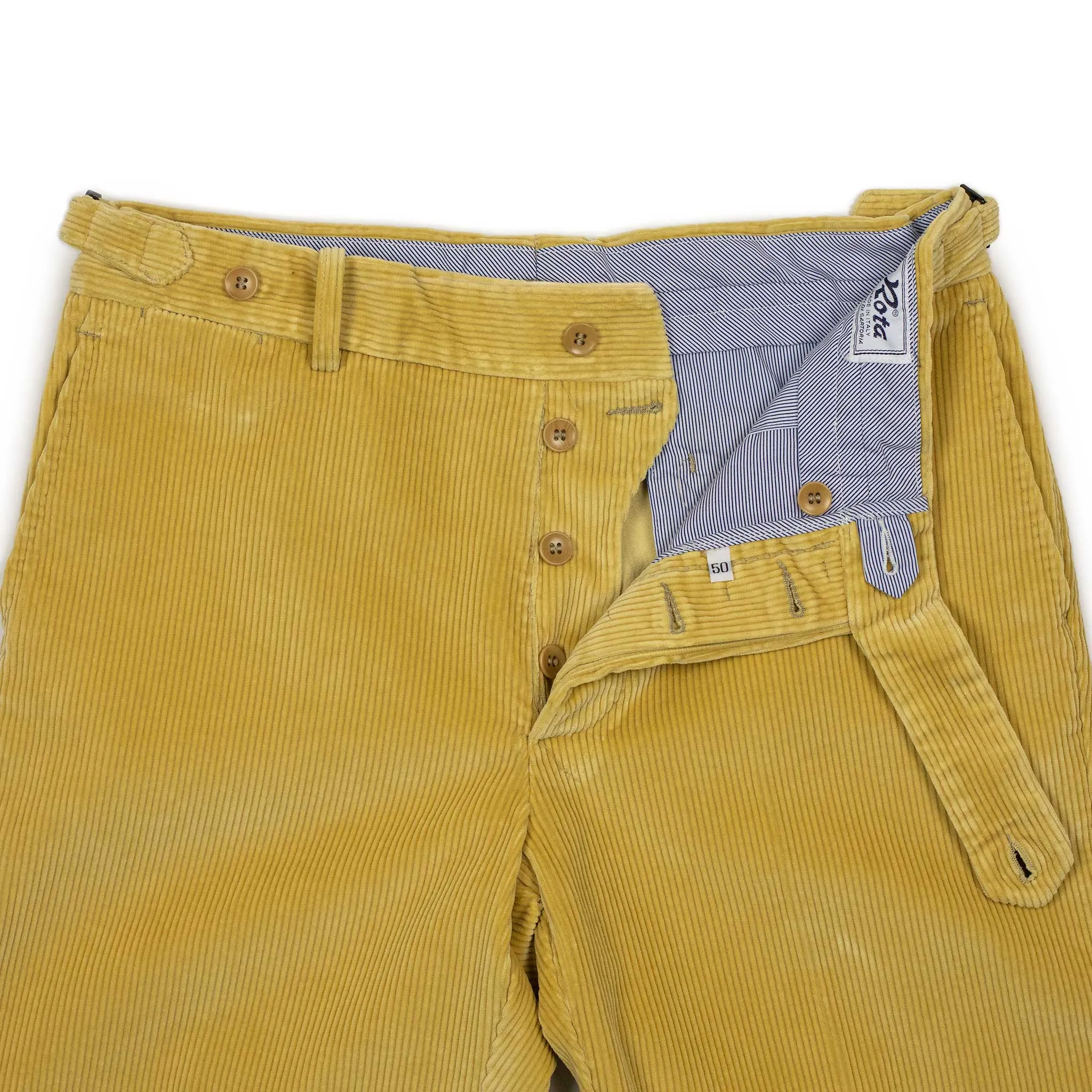 Higher-rise side tab trousers in maize Brisbane Moss cotton corduroy