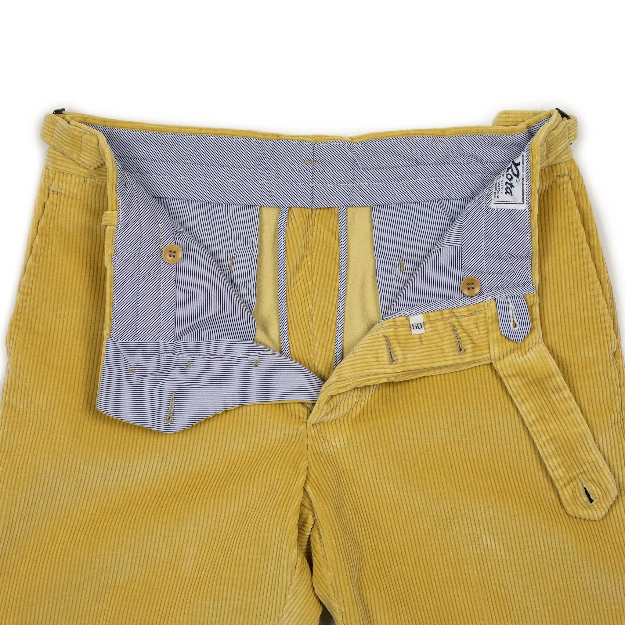 Higher-rise side tab trousers in maize Brisbane Moss cotton corduroy