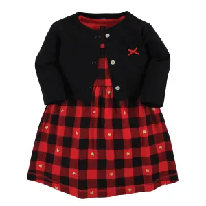 Hudson Baby Cotton Dress and Cardigan Set, Gold Heart Buffalo Plaid