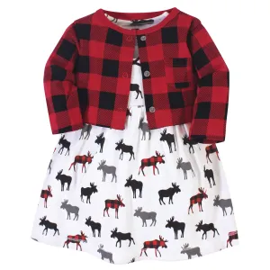 Hudson Baby Dress and Cardigan, Buffalo Plaid Moose