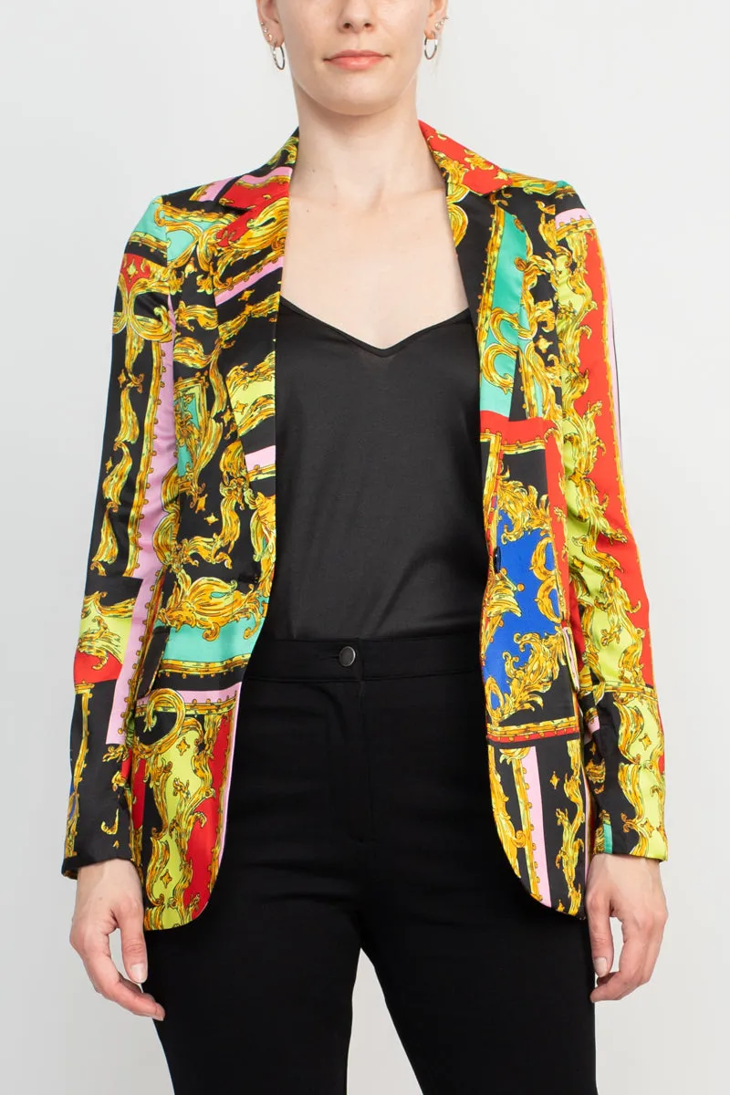 Industry Notched Collar One Button Closure Long Sleeve Multi Print Blazer