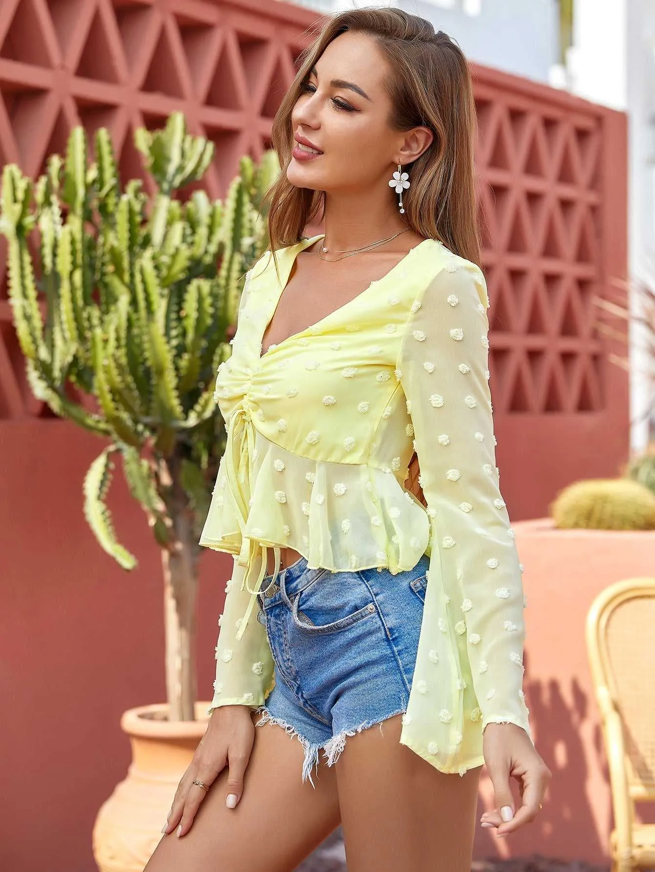 KittenAlarm - V neck wave point short flared sleeve top sexy pop up shirt women bandage blouse multicolor