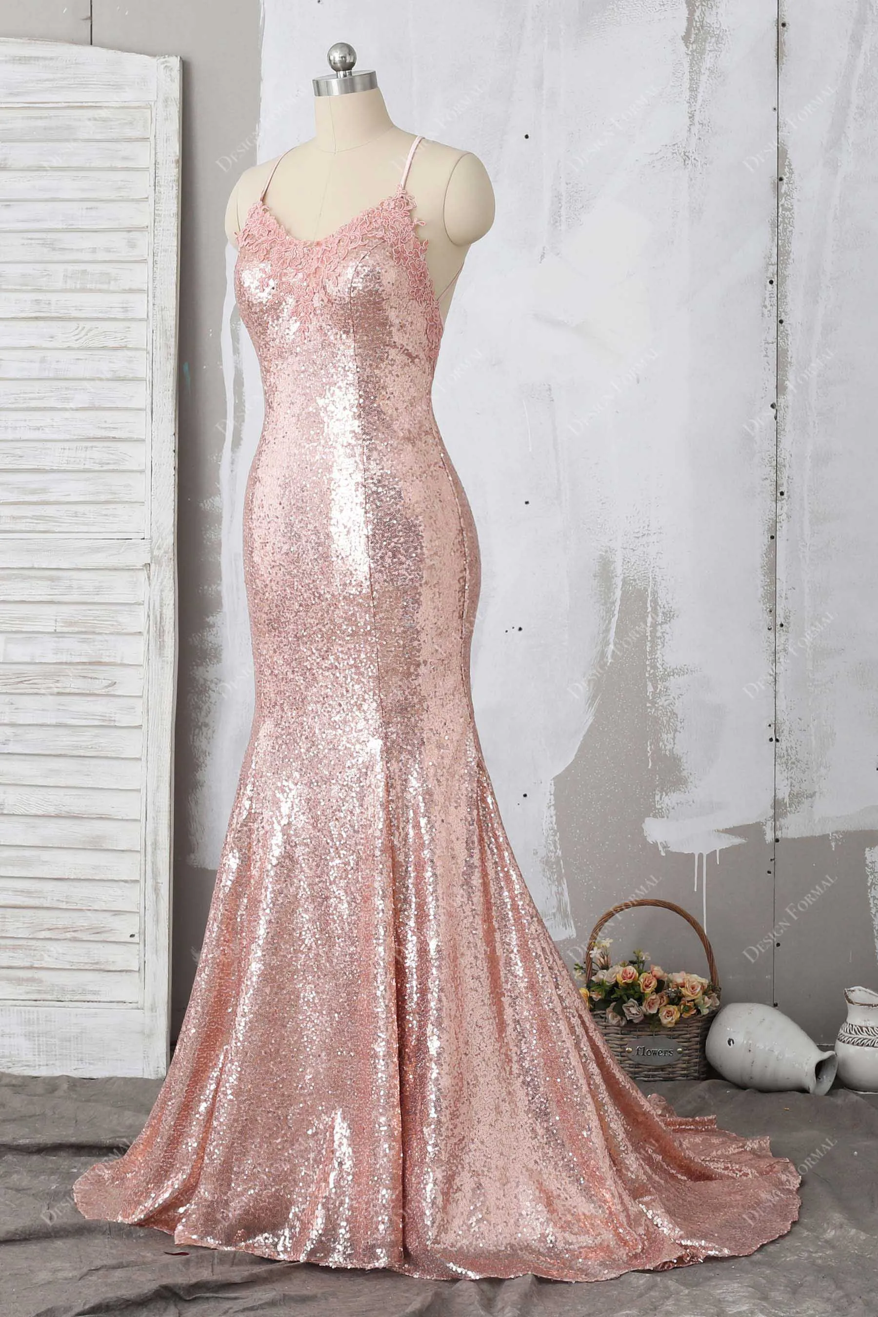 Lace V-neck Nude Pink Sequin Mermaid Crisscross Back Gown