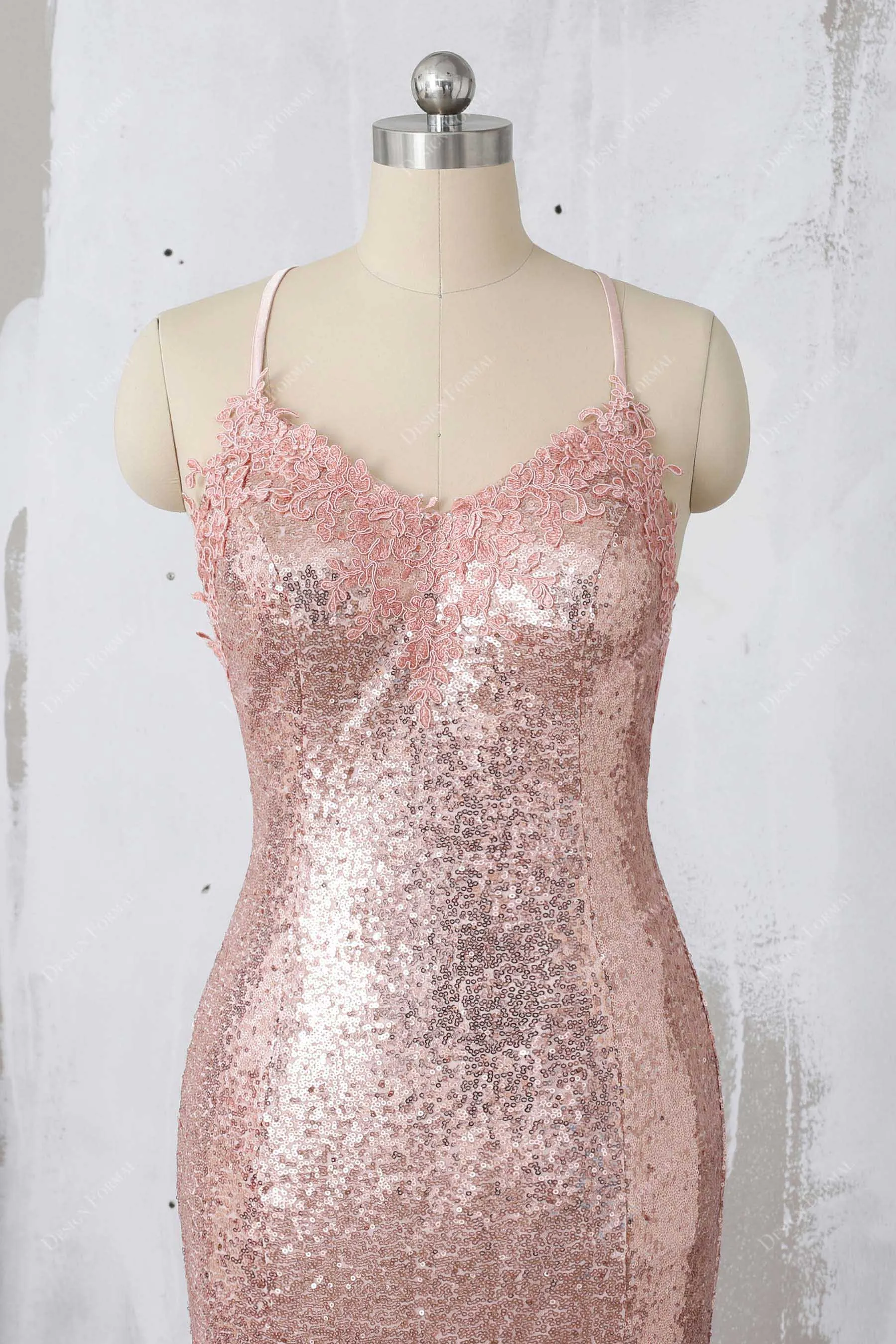 Lace V-neck Nude Pink Sequin Mermaid Crisscross Back Gown