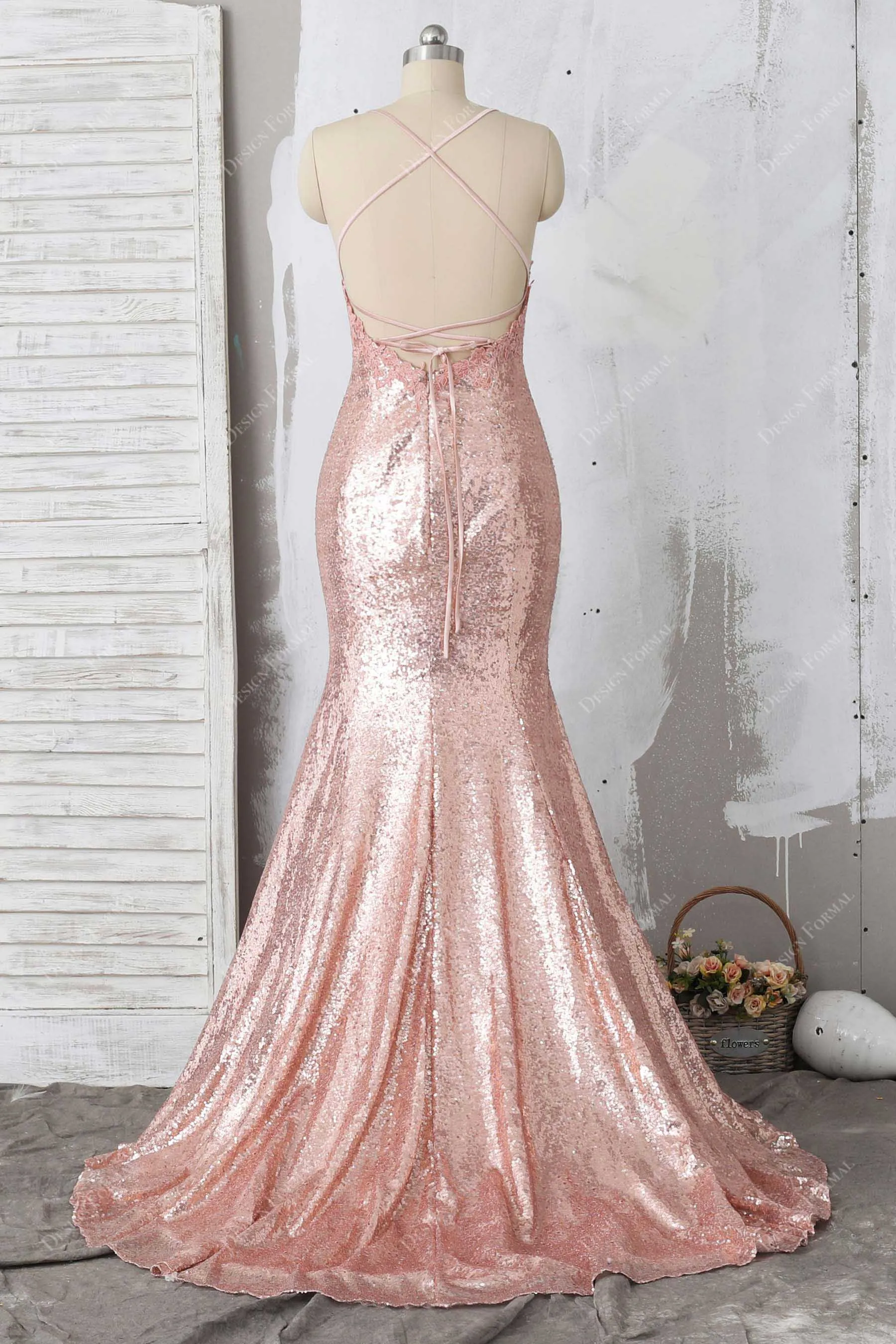 Lace V-neck Nude Pink Sequin Mermaid Crisscross Back Gown