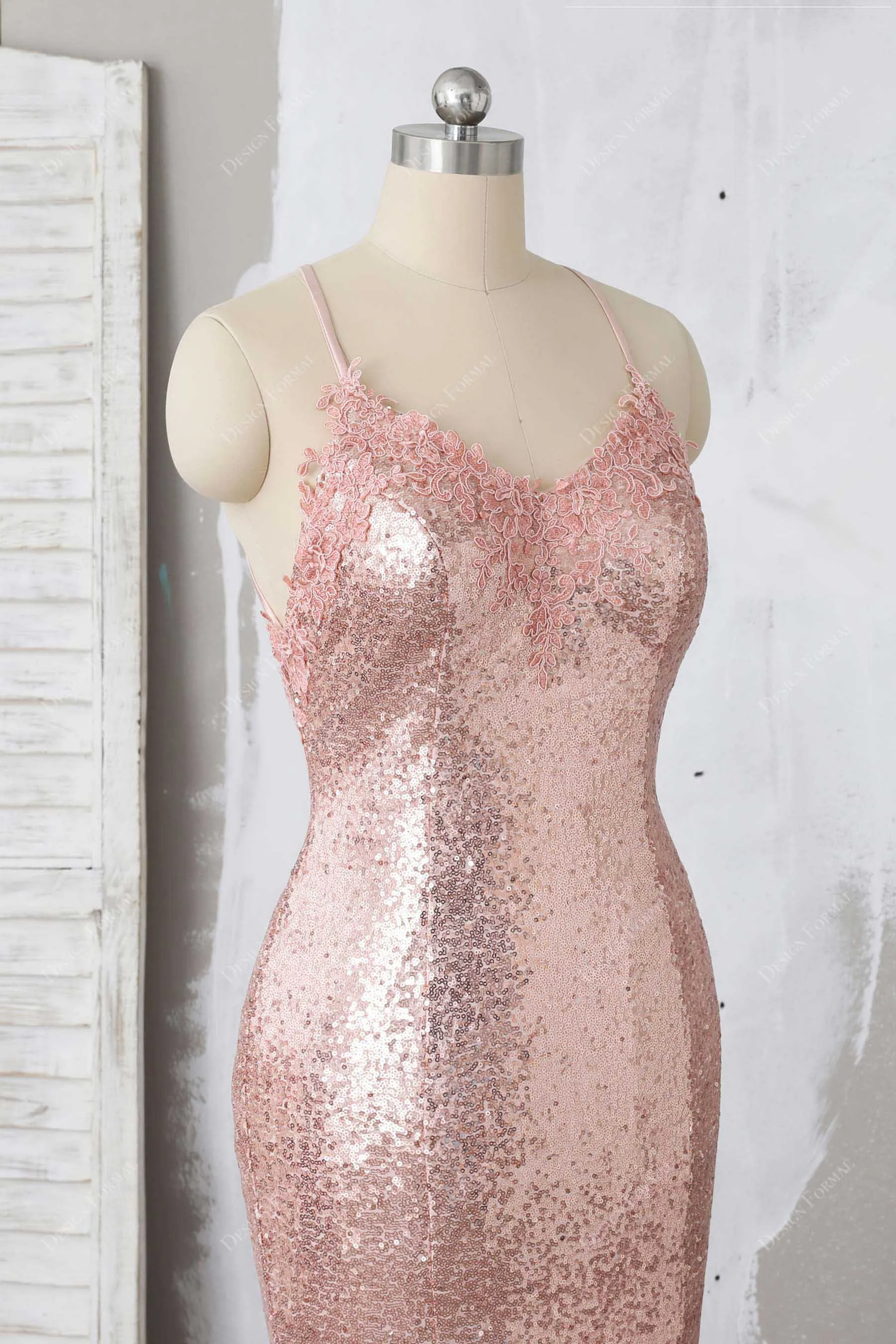 Lace V-neck Nude Pink Sequin Mermaid Crisscross Back Gown