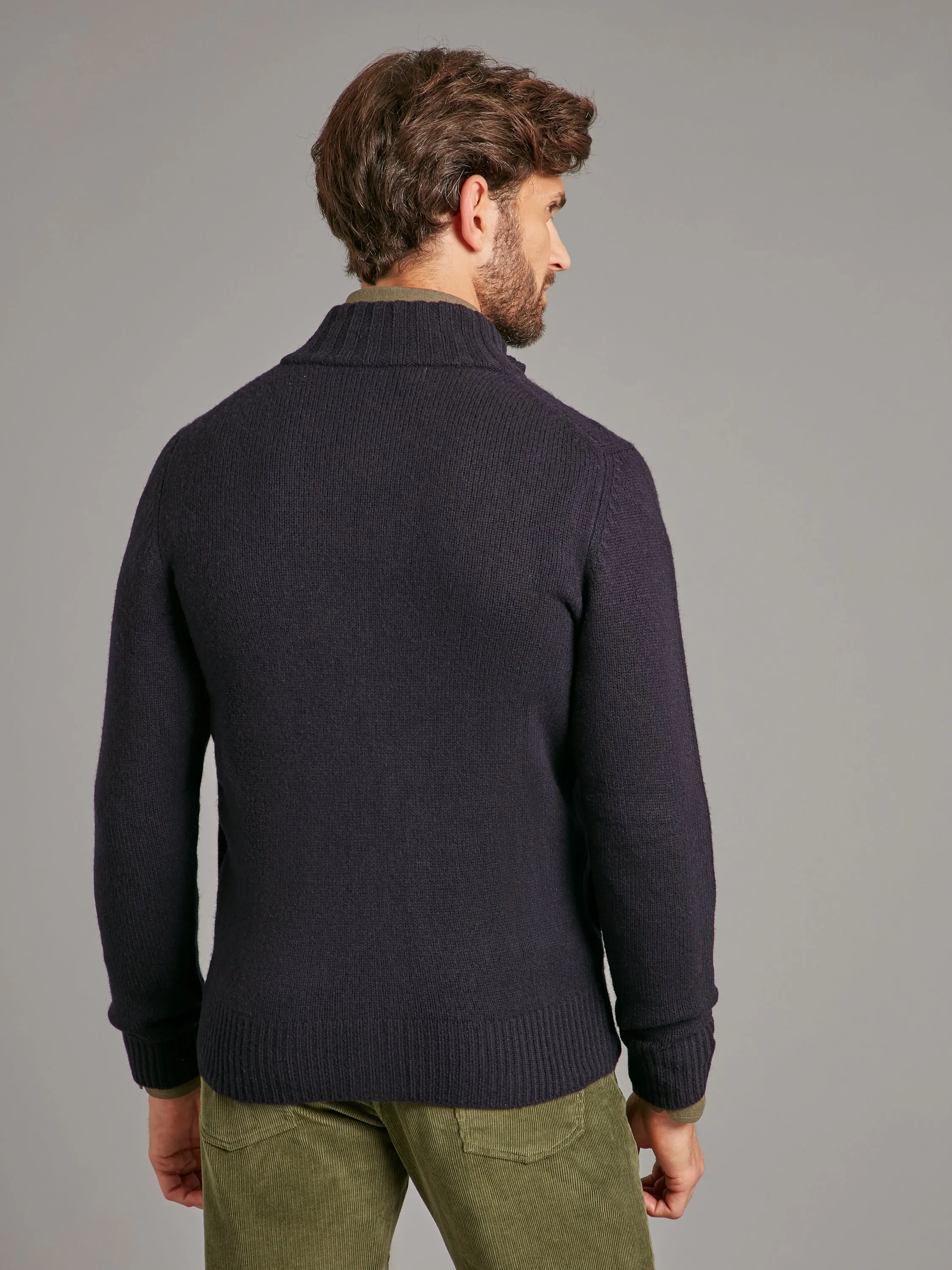 Lambswool Cable Knit Zip Cardigan - Navy