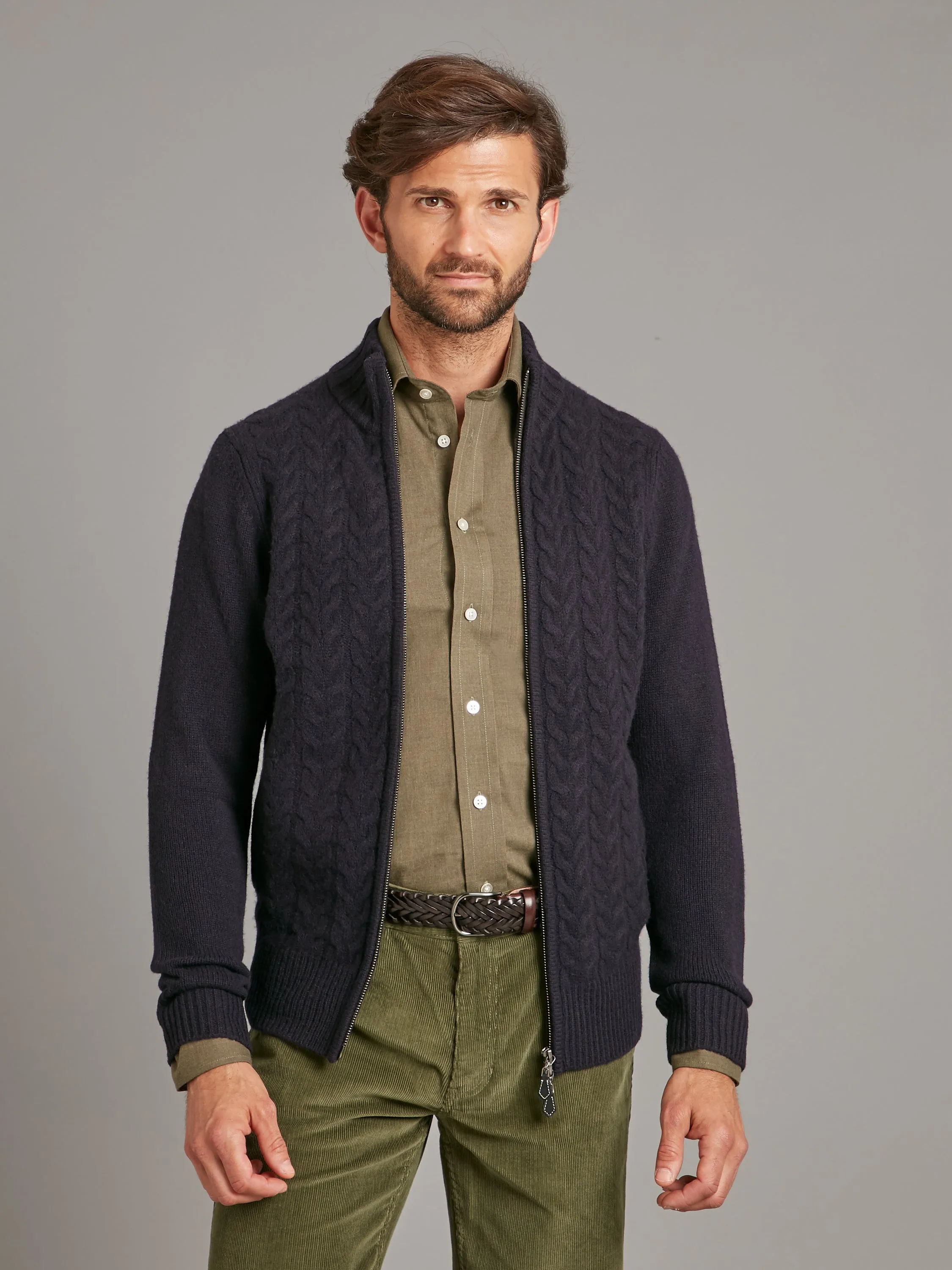 Lambswool Cable Knit Zip Cardigan - Navy