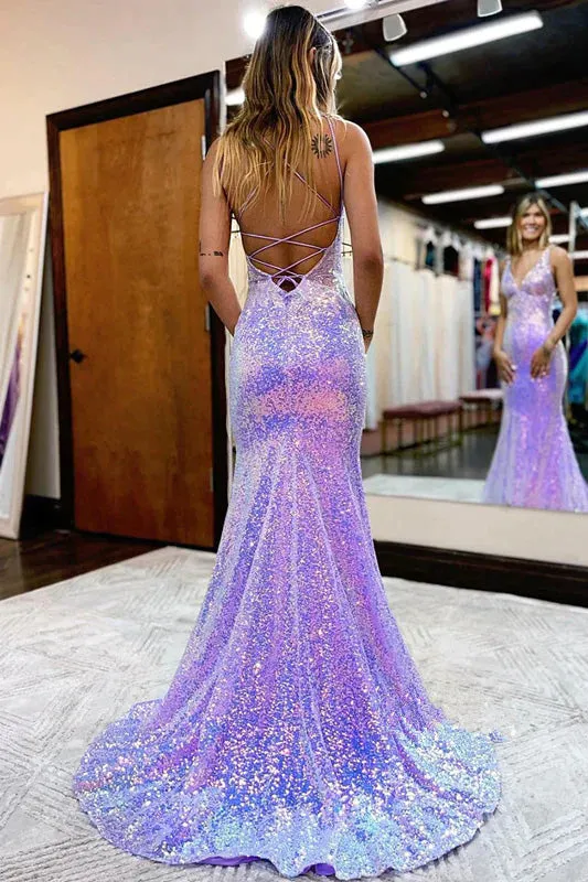 Lavender V Neck Mermaid Prom Dress, Sparkly Sequined Long Evening Gown