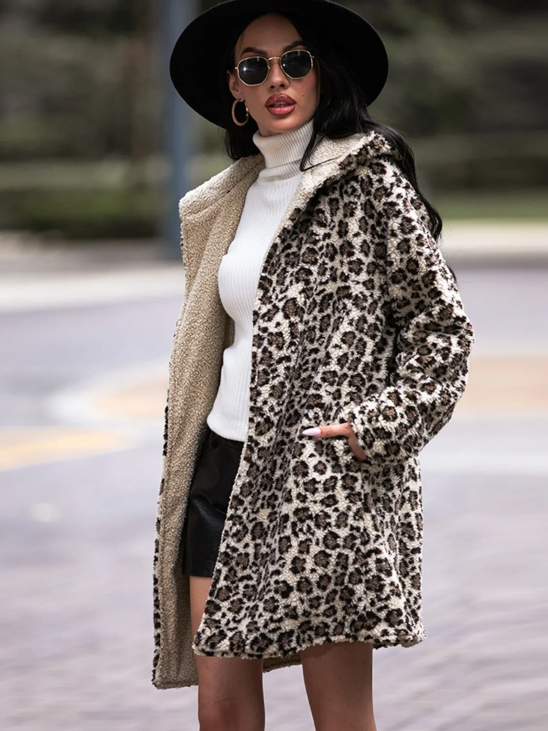 Leopard Hooded Coat with Pockets