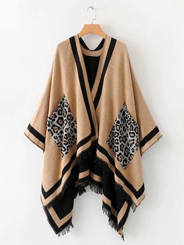 Leopard Pocket Patched Shawl Cardigan