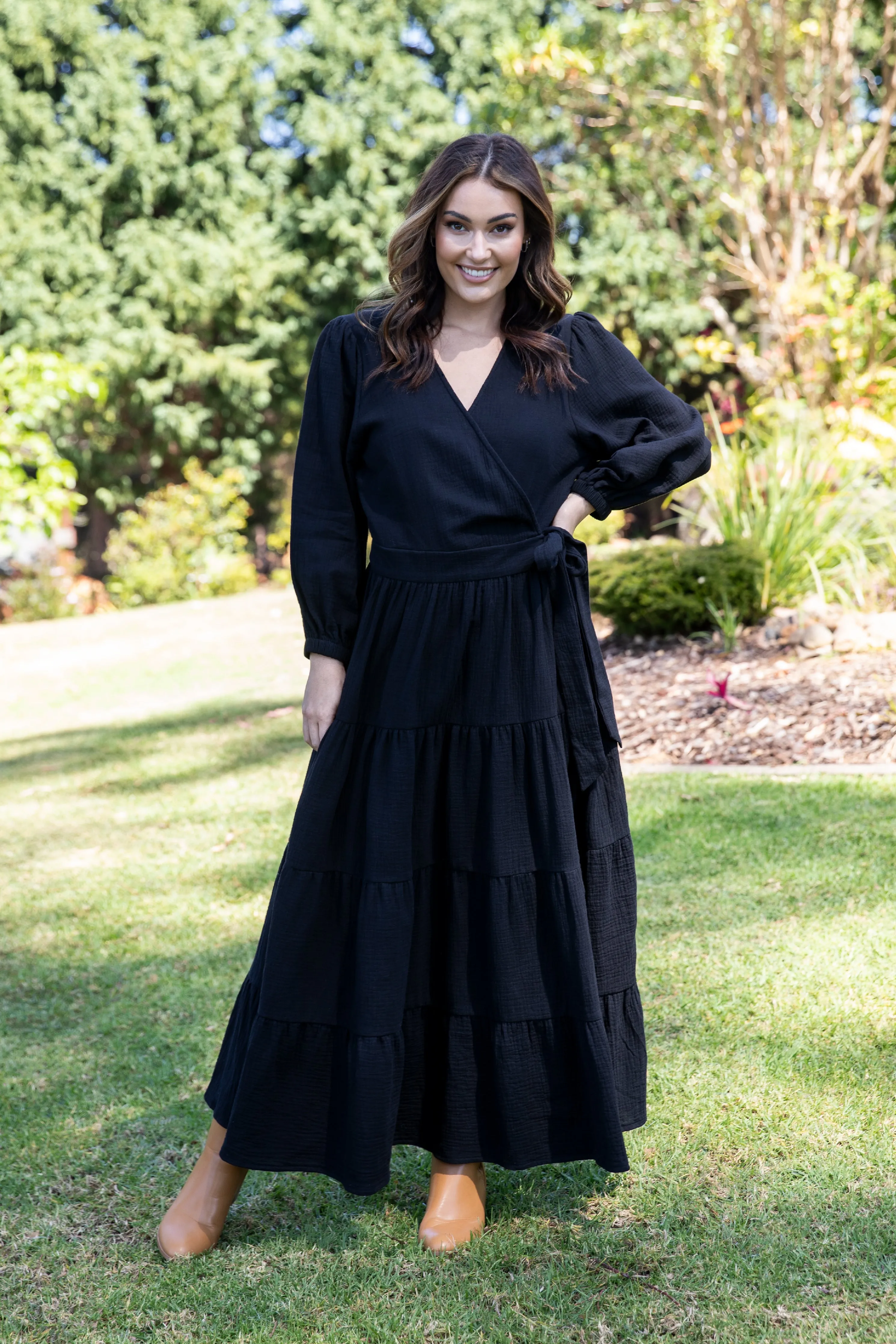 Long Sleeve Ruffle Wrap Dress | Black | FINAL SALE