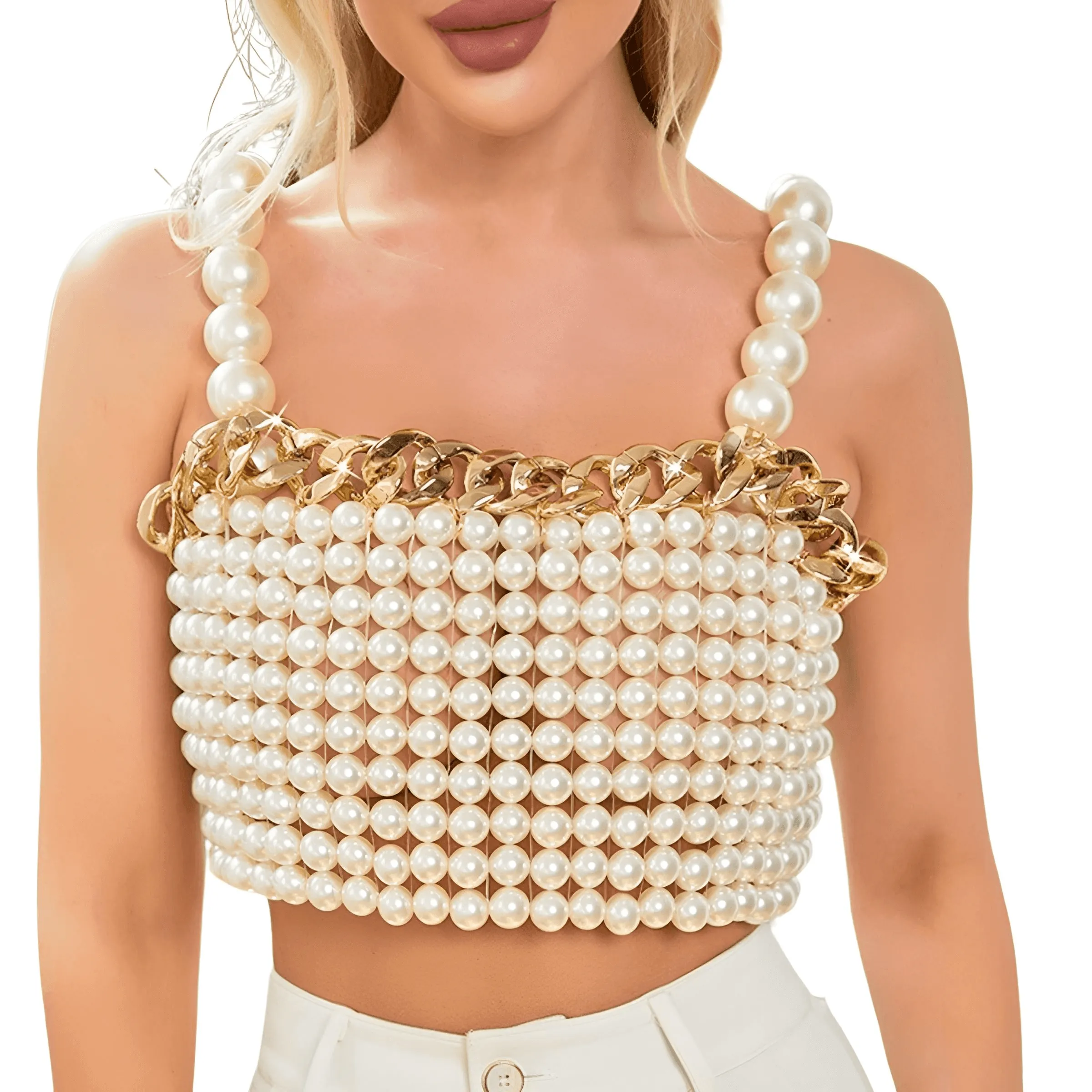 Luxury White Pearl Crop Top with Gold Metal Chain