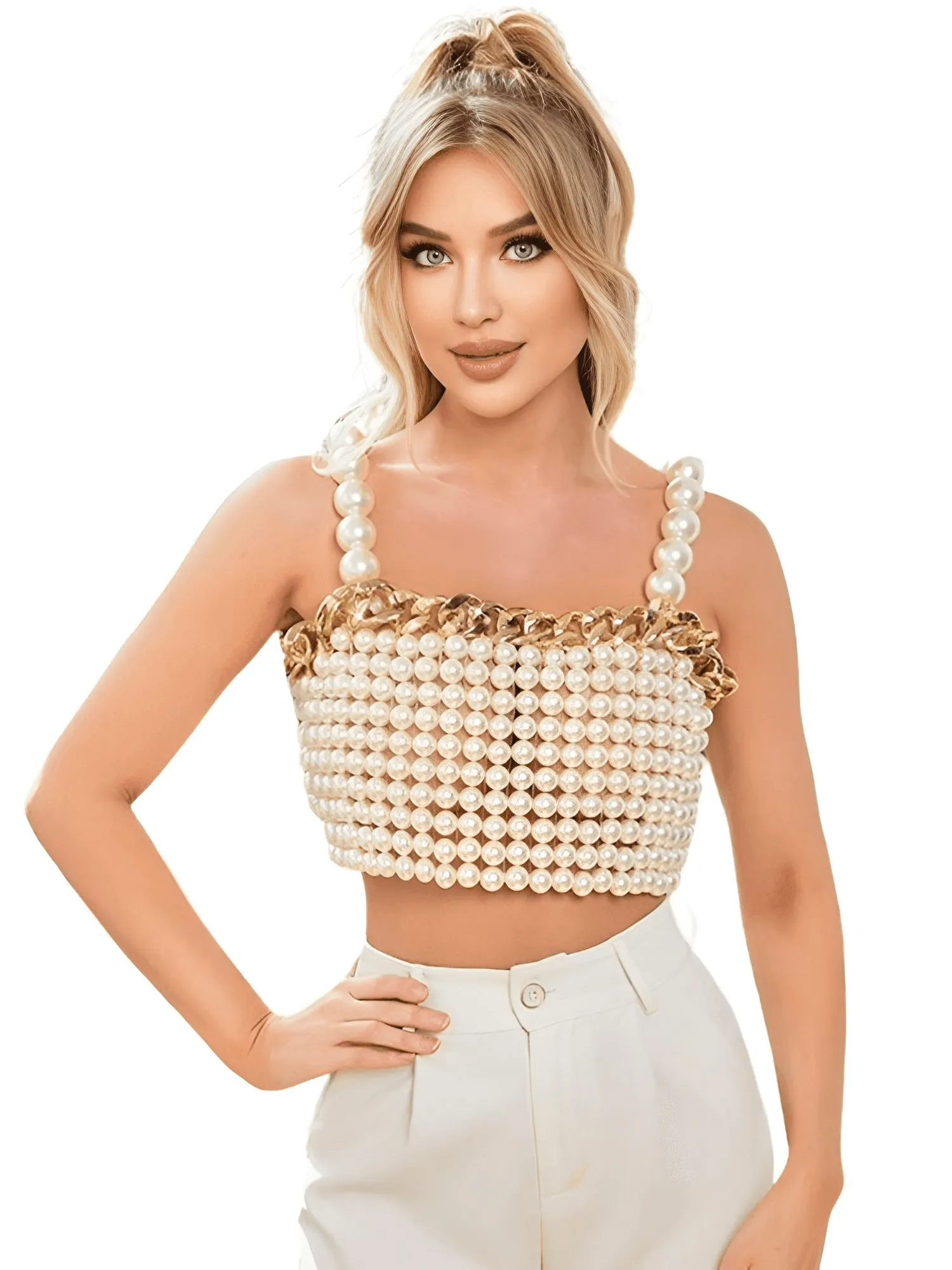 Luxury White Pearl Crop Top with Gold Metal Chain