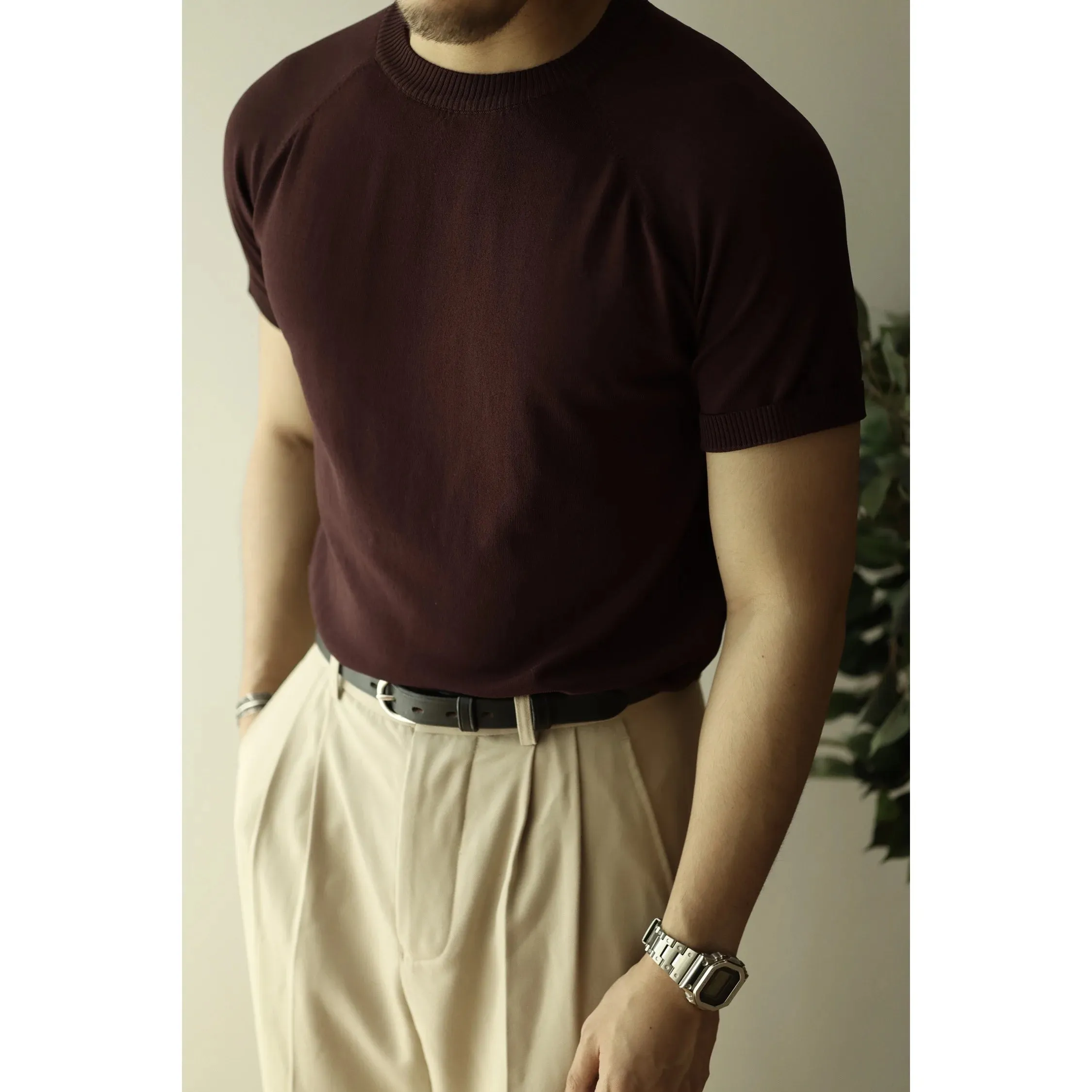 Men's Knit T-shirt Short Sleeves Crew Neck Light and Breathable Comfort Vintage Shirt