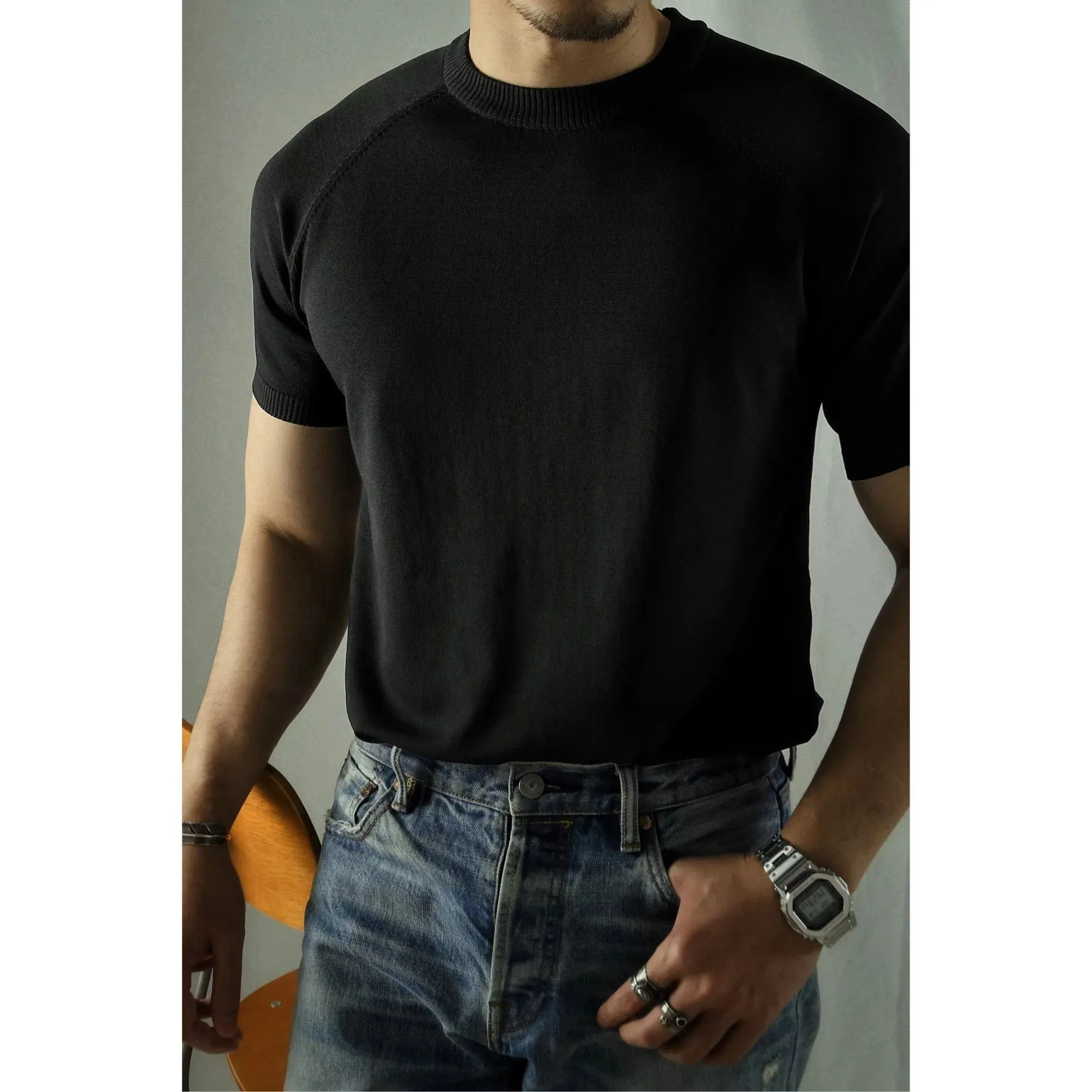 Men's Knit T-shirt Short Sleeves Crew Neck Light and Breathable Comfort Vintage Shirt