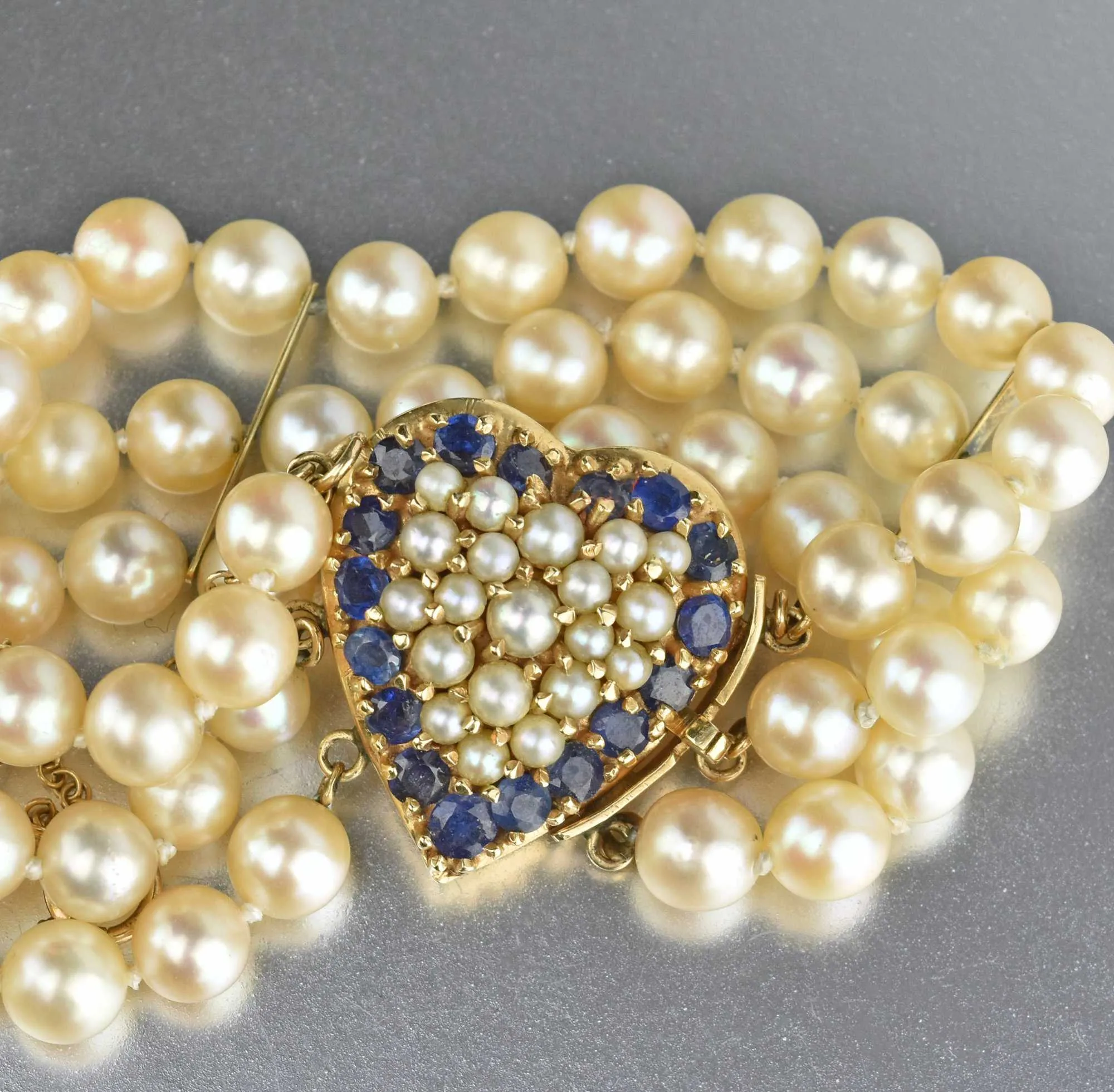 Mid Century Gold Heart, Sapphire & Pearl Bracelet