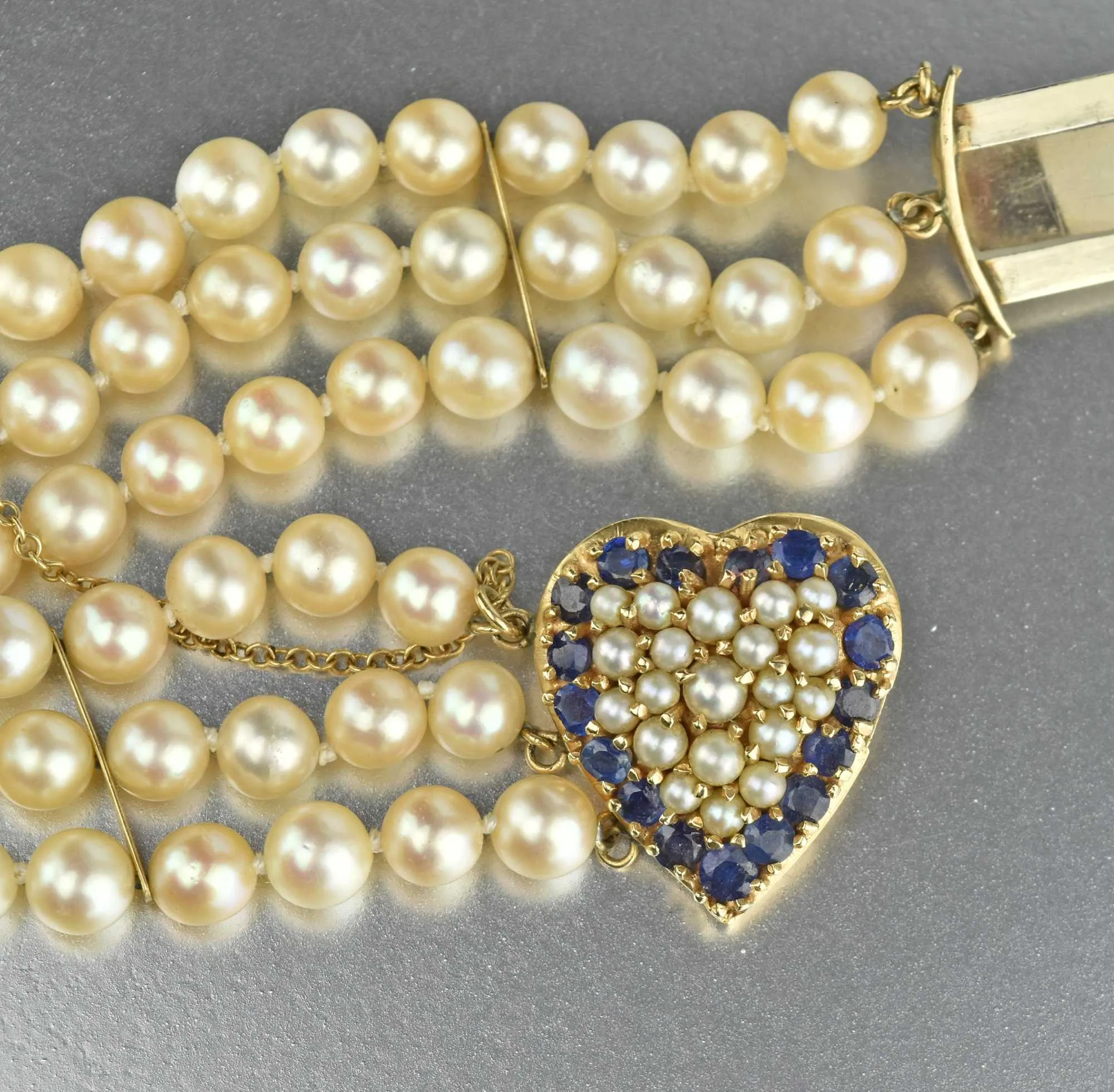 Mid Century Gold Heart, Sapphire & Pearl Bracelet