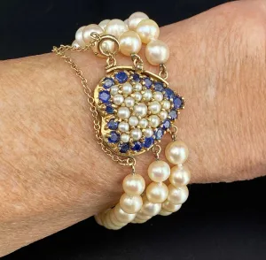 Mid Century Gold Heart, Sapphire & Pearl Bracelet