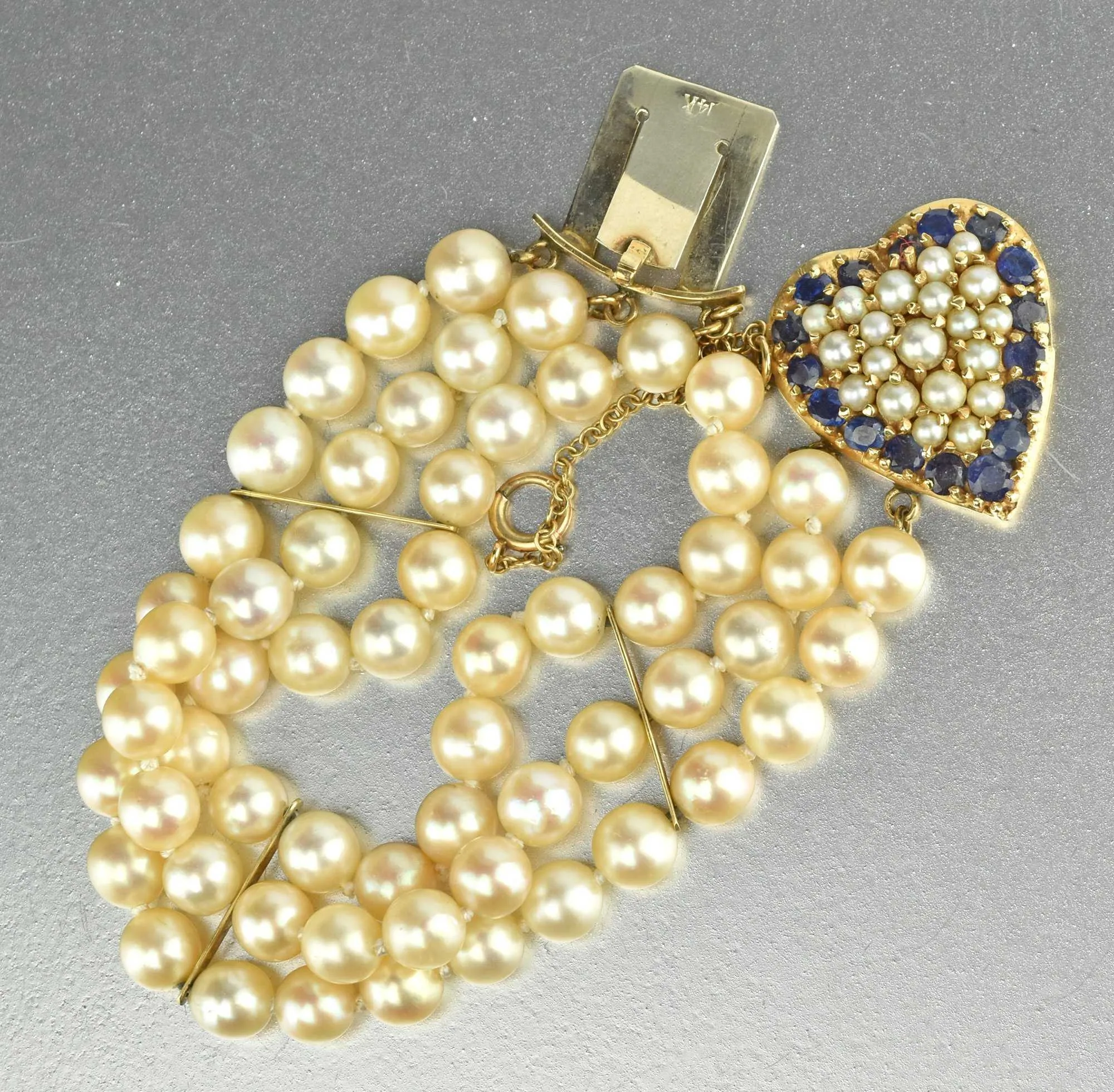 Mid Century Gold Heart, Sapphire & Pearl Bracelet