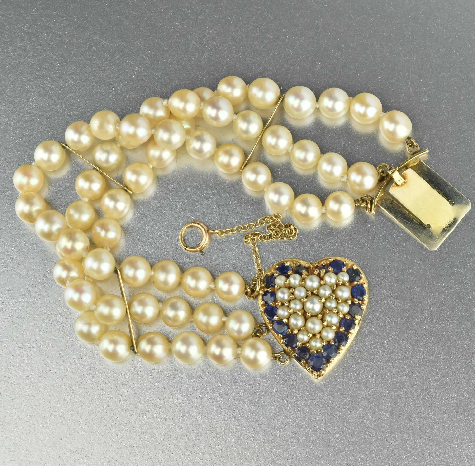 Mid Century Gold Heart, Sapphire & Pearl Bracelet