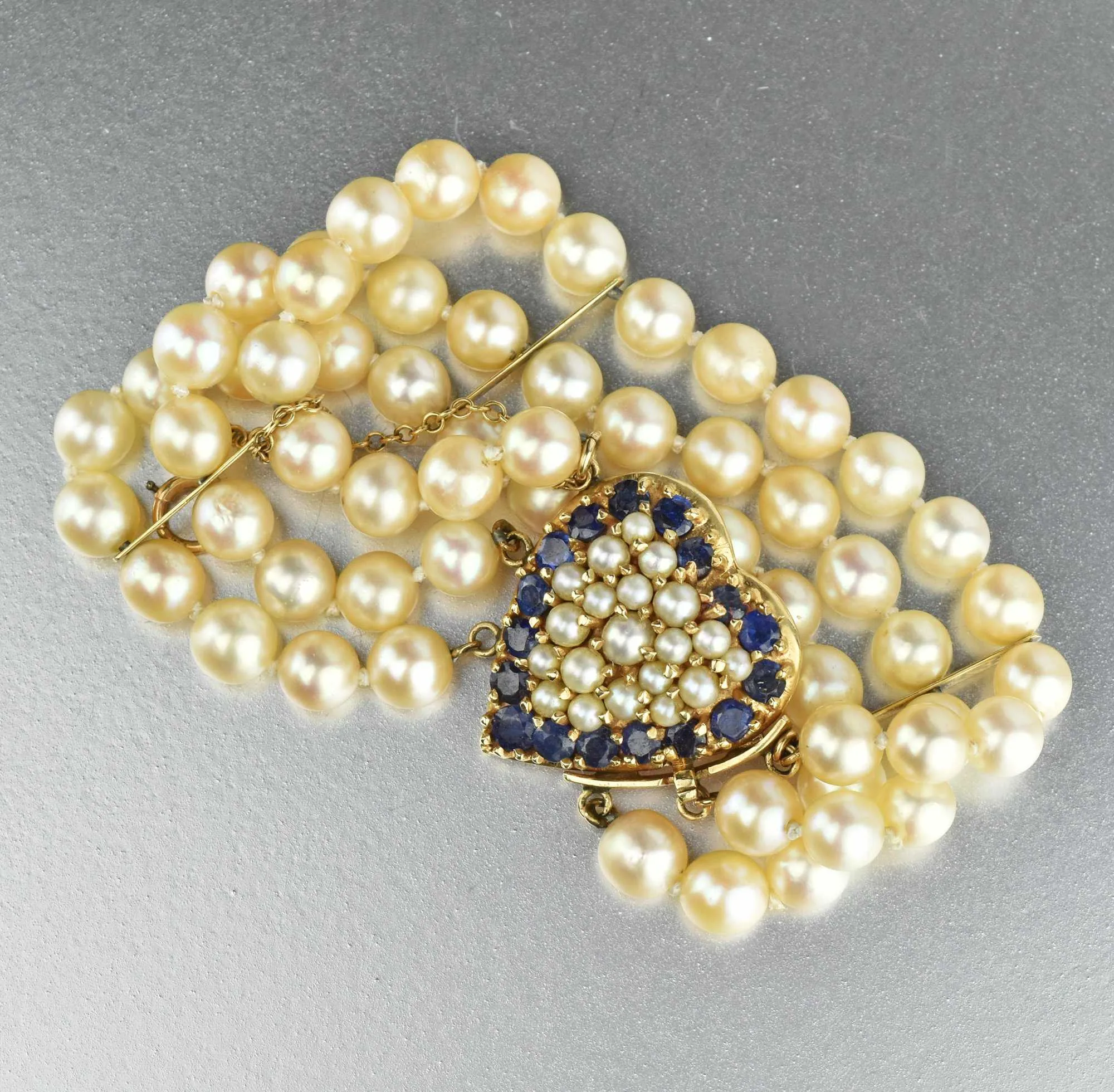 Mid Century Gold Heart, Sapphire & Pearl Bracelet