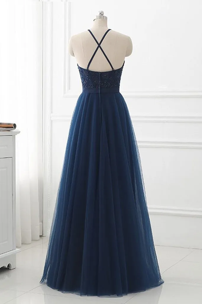 Navy Prom Dress, Halter Neckline Evening Dress, Winter Formal Dress, Pageant Dance Dresses, Graduation School Party Gown Pc0247