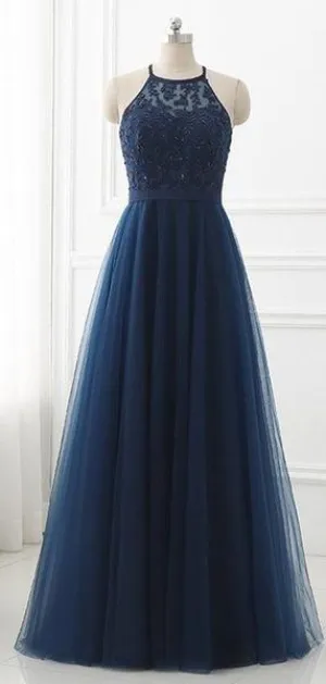 Navy Prom Dress, Halter Neckline Evening Dress, Winter Formal Dress, Pageant Dance Dresses, Graduation School Party Gown Pc0247