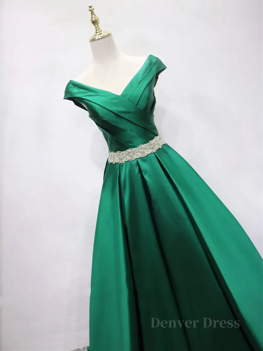 Off the Shoulder Green Long Prom Dress with Corset Back Off Shoulder Long Green Formal Evening Dresses